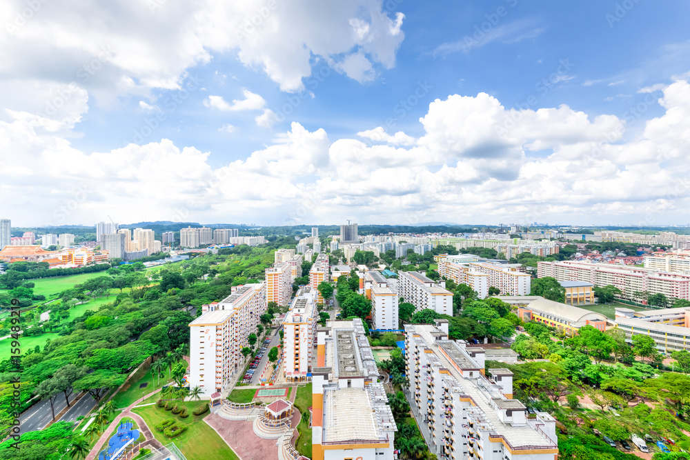 High Rise Apartment Complexes With Aerial Views Reference: Aerial View Dense Of Hdb Apartment Buildings At Midday In