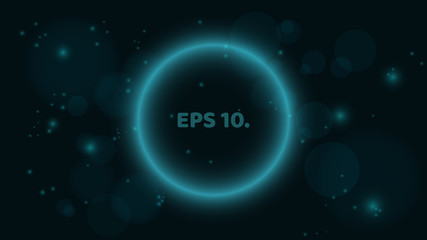 Poster - A round, glowing blue banner on a black background. Banner in the form of a bubble. A place for your projects. Bright, flying glare. Vector illustration. EPS 10