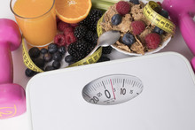 Scale With Fruit And Tape Measure, Concept Of Diet