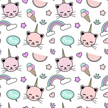 Cute Colorful Seamless Vector Pattern Background Illustration With Unicorn Cats, Rainbow, Speech Bubble, Ice Cream, Stars, Hearts And Paws