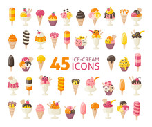 Collection Of 45 Five Yummy Ice Cream Icons Isolated On White. Vector Illustration.