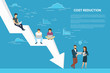 Business cost reduction concept illustration of business team sitting on the big arrow. Flat people working with laptops to develop project and reduce risks and price. Blue background with copy space