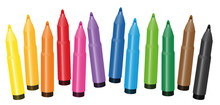 Felt Pens, Colorful Set For Painting Coloring Books - Loosely Arranged - Isolated Vector Illustration On White Background.