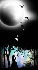 Wall Mural - Night Princess cartoon character in the real world silhouette art photo manipulation