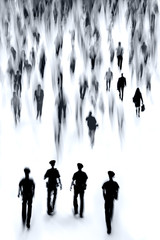 Wall Mural - group of people and police  in the lobby business center in monochrome blue tonality