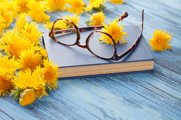 Book in the blossoming field of dandelions