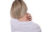 Fototapeta  - Woman Scratching an itch on white background . Sensitive Skin, Food allergy symptoms, Irritation