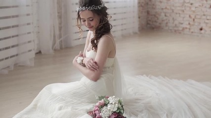 Sticker - Brunette bride in fashion white wedding dress with makeup