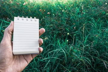 Hold white paper for notes on the background of blurred trees using wallpaper or background.