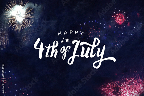 Fotografía Happy 4th of July Typography with Fireworks in Night Sky