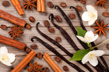 Vanilla sticks and cinnamon with anise and coffee beans on a old wooden background