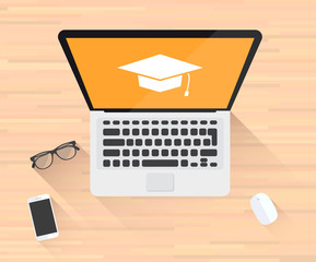 Wall Mural - student graduation cap icon laptop illustration