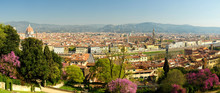 Beautiful View Of Florence From Bardini Garden During Spring Season. Visible From Left To Right,  Cathedral Of Santa Maria Del Fiore And The Basilica Of The Holy Cross. Italy