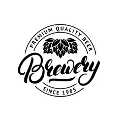 Wall Mural - Brewery hand drawn lettering logo, label, badge, emblem with hop.