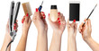 © fotofabrika - collection of hands holding tools for makeup isolated on white