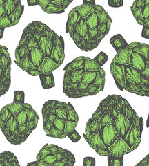 Wall Mural - Hand drawn vector illustration of artichoke sketch style. Seamless pattern with green  vegetable element