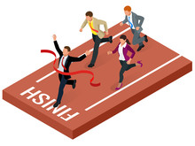 Isometric People. Entrepreneur Businessman Leader. Businessman And His Business Team Crossing Finish Line And Tearing Red Ribbon Finishing First In A Market Race. Flat Style Vector Illustration.