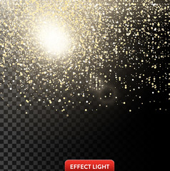 Wall Mural - Vector illustration of a falling shiny golden glitters, confetti with light effect on a black background. Texture of falling golden sequins, foil