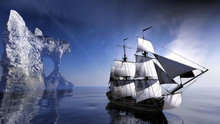 Pirate Sail Ship On Shallow Water, 3d Rendering