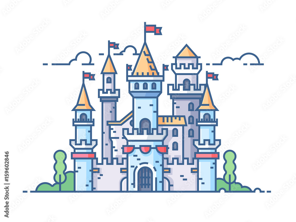 Medieval stone castle with gate towers and flags. Vector illustration ...