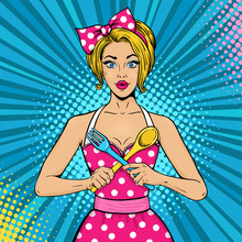 Wow Female Face. Sexy Blonde Woman Housewife With Open Mouth And Bow On Her Head Holding Big Fork And Spoon As A Cross. Vector Colorful Background In Pop Art Retro Comic Style. Party Invitation Poster