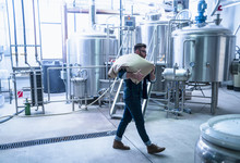 Side View Of Young Man In Brewery Carrying Gunny Sack On Shoulder