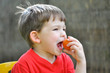 © Ivan - Little boy eating peach. Happy kid eats peach in garden
