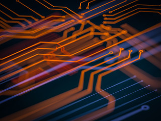 circuit board futuristic server code processing. orange, green, blue technology background with boke