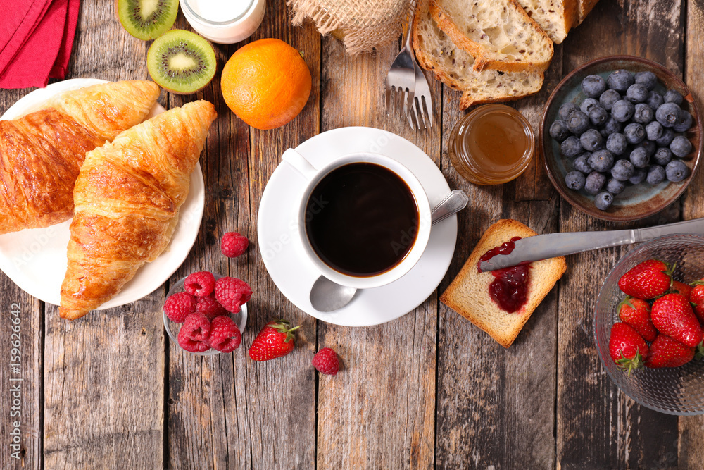 breakfast with coffee,croissant and fruits - obrazy, fototapety, plakaty 