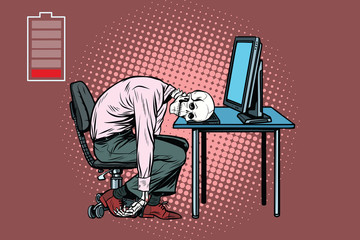 dead businessman skeleton at the computer