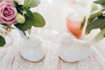 Pink wedding decoration with white and green flowers