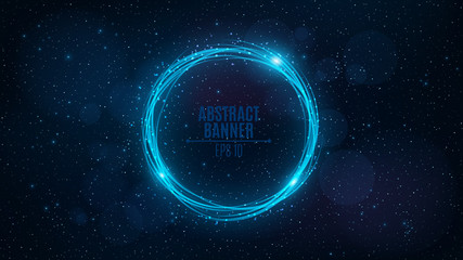 Wall Mural - rotating banner of neon, glowing blue lines against the background of the starry sky. flying particl