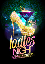 Ladies Night Vector Illustration With Gold Crystals High Heeled Shoes And Burning Cocktail.