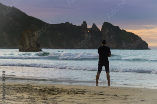 Beautiful beach in the north of Spain, nature of Asturias in warm summer evening Poster