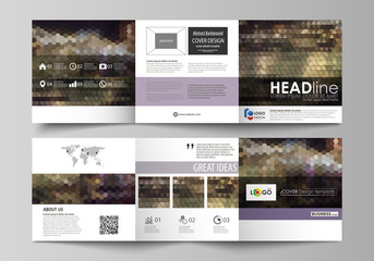 Business templates for tri fold square design brochures. Leaflet cover, vector layout. Abstract multicolored backgrounds. Geometrical patterns. Triangular and hexagonal style.