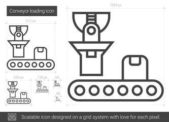 Wall Mural - Conveyor loading vector line icon isolated on white background. Conveyor loading line icon for infographic, website or app. Scalable icon designed on a grid system.