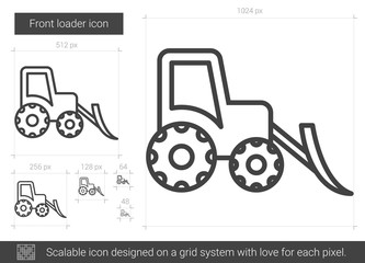 Wall Mural - Front loader vector line icon isolated on white background. Front loader line icon for infographic, website or app. Scalable icon designed on a grid system.