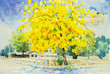 watercolor original landscape painting yellow, orange color of golden tree flowers in sky and cloud background