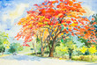 watercolor original landscape painting red, orange color of peacock  flowers tree in sky and cloud background