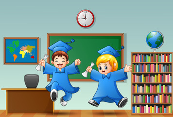 Wall Mural - Cartoon boy and girl graduation in a classroom