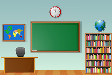 School classroom interior with chalkboard and teacher desk