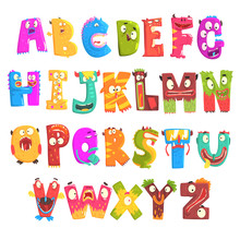 Colorful Cartoon Children English Alphabet With Funny Monsters. Education And Development Of Children Detailed Colorful Illustrations