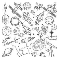 Sticker - Doodle different universe elements. Planets, sun, earth and moon. Vector hand drawn illustrations