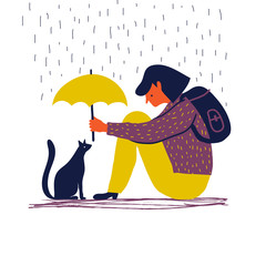 girl with umbrella protects a cat. cartoon vector illustration. help for animals concept.