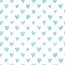 Seamless Hand Drawn Hearts Pattern In Blue Watercolor Effect. Perfect For Background, Fabrics, Clothing, Websites.