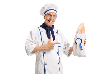 Wall Mural - Baker holding loaf of bread with award ribbon and pointing