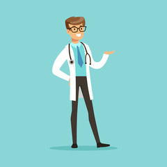 Sticker - Cheerful male doctor character standing vector Illustration