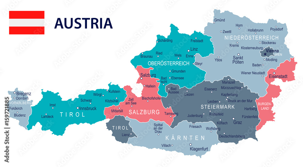 Austria - map and flag – illustration - obrazy, fototapety, plakaty 