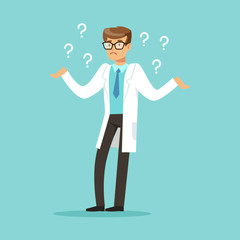 Sticker - Thoughtful doctor character having many questions vector Illustration