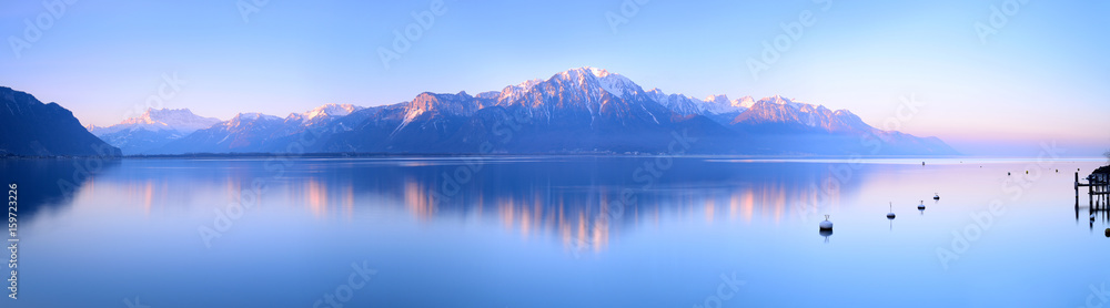 Switzerland Landscape : Lake Geneva of Montreux at sunrise - obrazy, fototapety, plakaty 